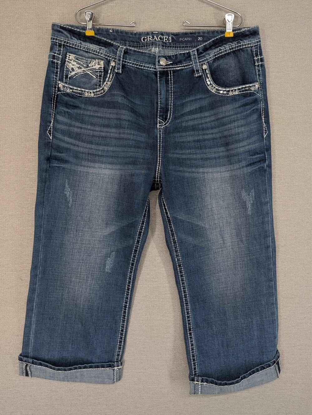 Grace in LA Blue P-Capri Jeans Size 20 Embellished Pockets Stretch Denim